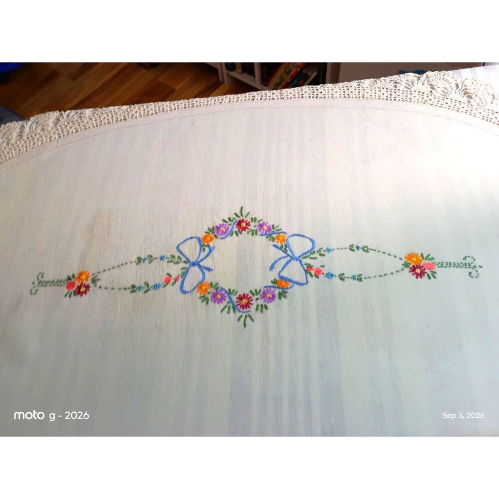 Vintage Hand Crocheted Round Tablecloth | Floral Embroidered Table Cover